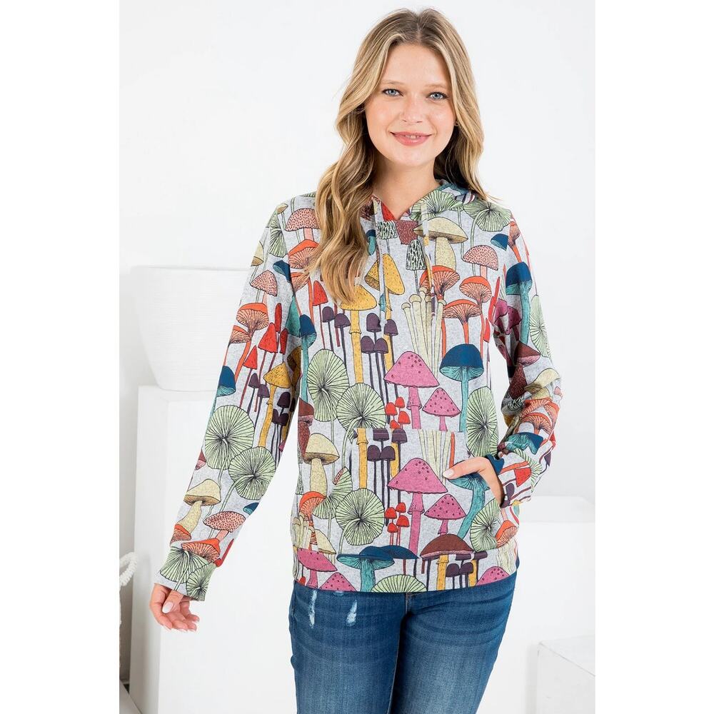 [LA Soul] Whimsical Novelty Retro Mushroom Print Pullover Hoodie Size Large L